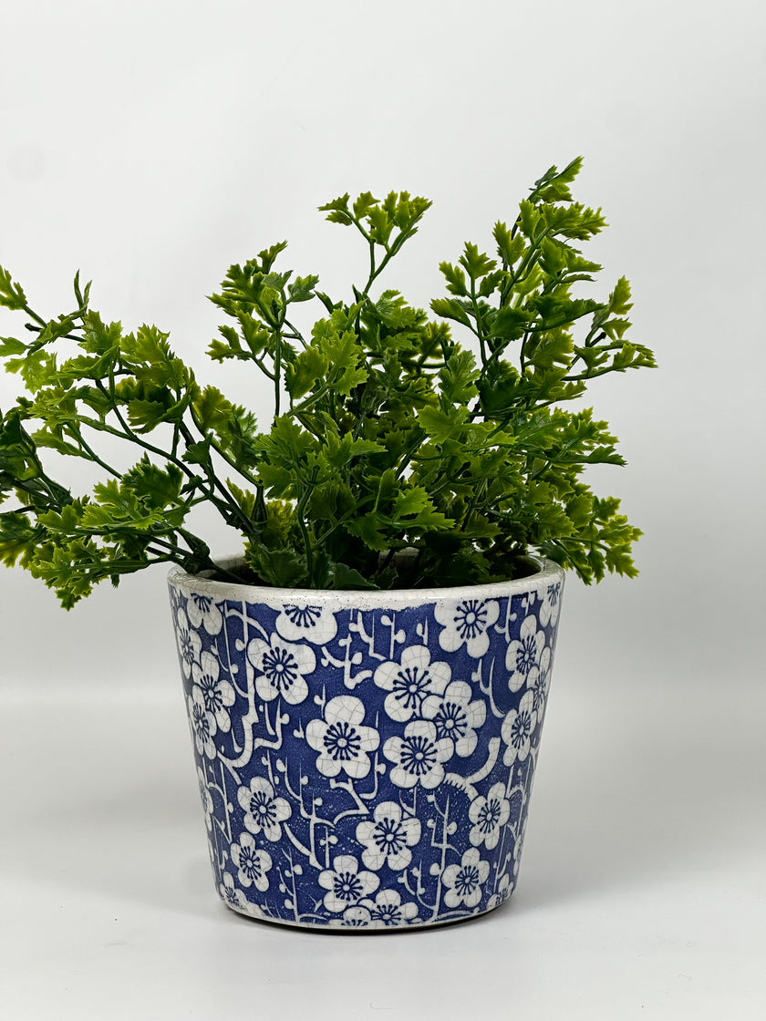 Maceta primavera fondo azul 5 pétalos